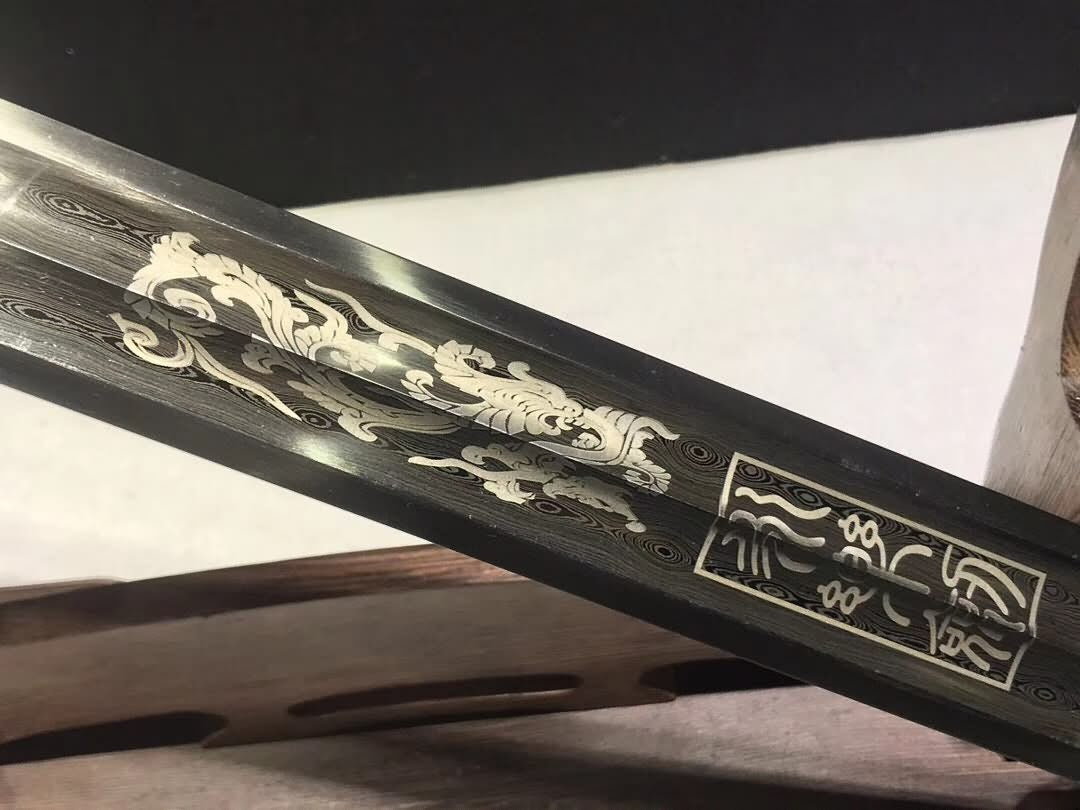 Yongle jian sword,Handmade,Damascus steel blade,Black wood,Brass fittings