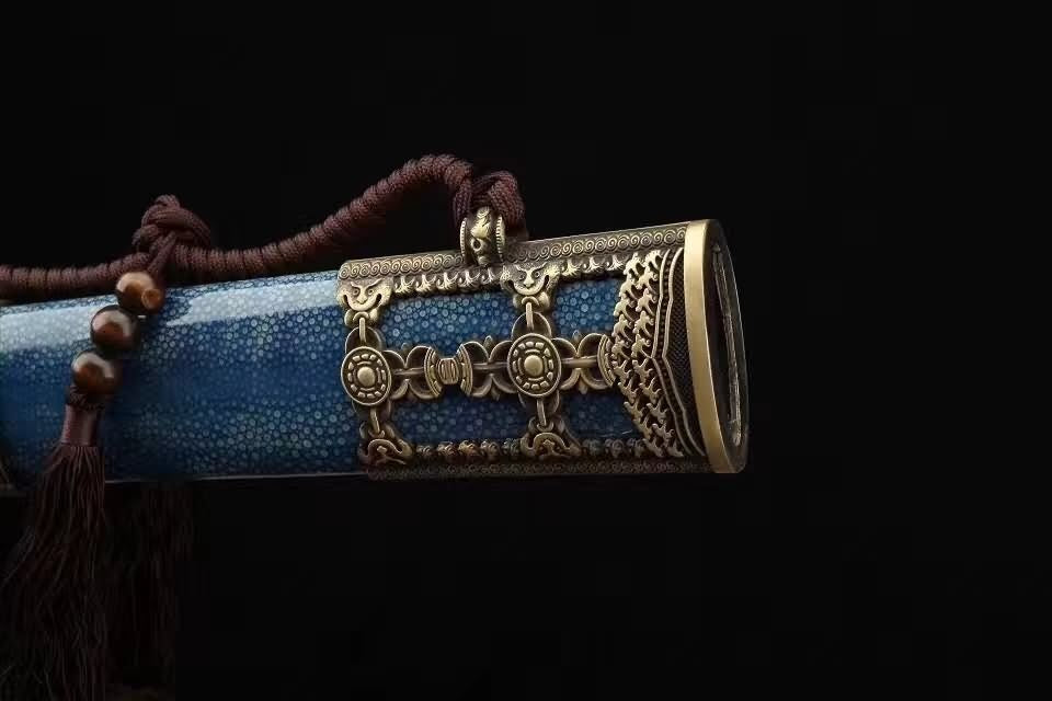 Yongle sword,Damascus steel blade,Blue skin scabbard,Brass