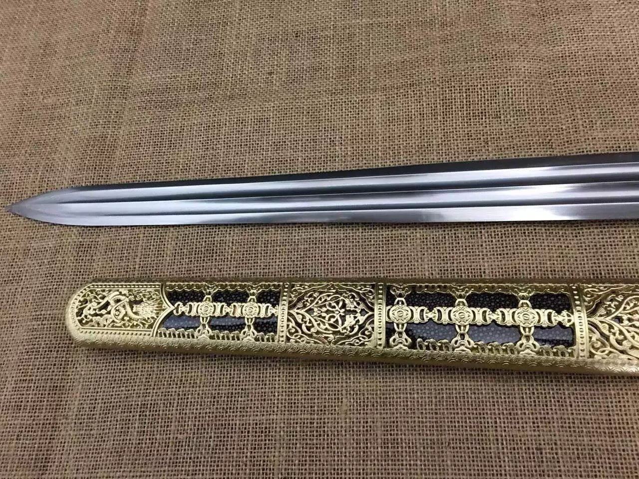 Yongle sword,Folded steel,Skin scabbard,Copper fitting,Length 38"