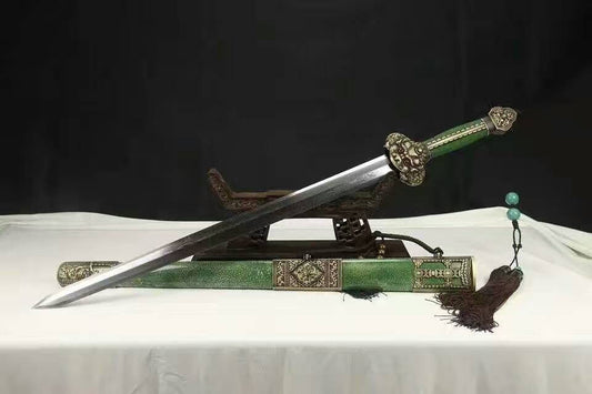 Yongle jian(Folded steel blade,Green skin scabbard,Copper)Length 38"