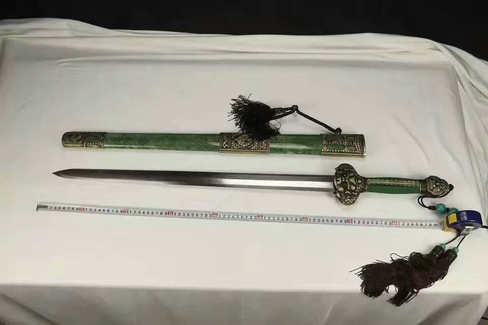 Yongle jian(Folded steel blade,Green skin scabbard,Copper)Length 38"