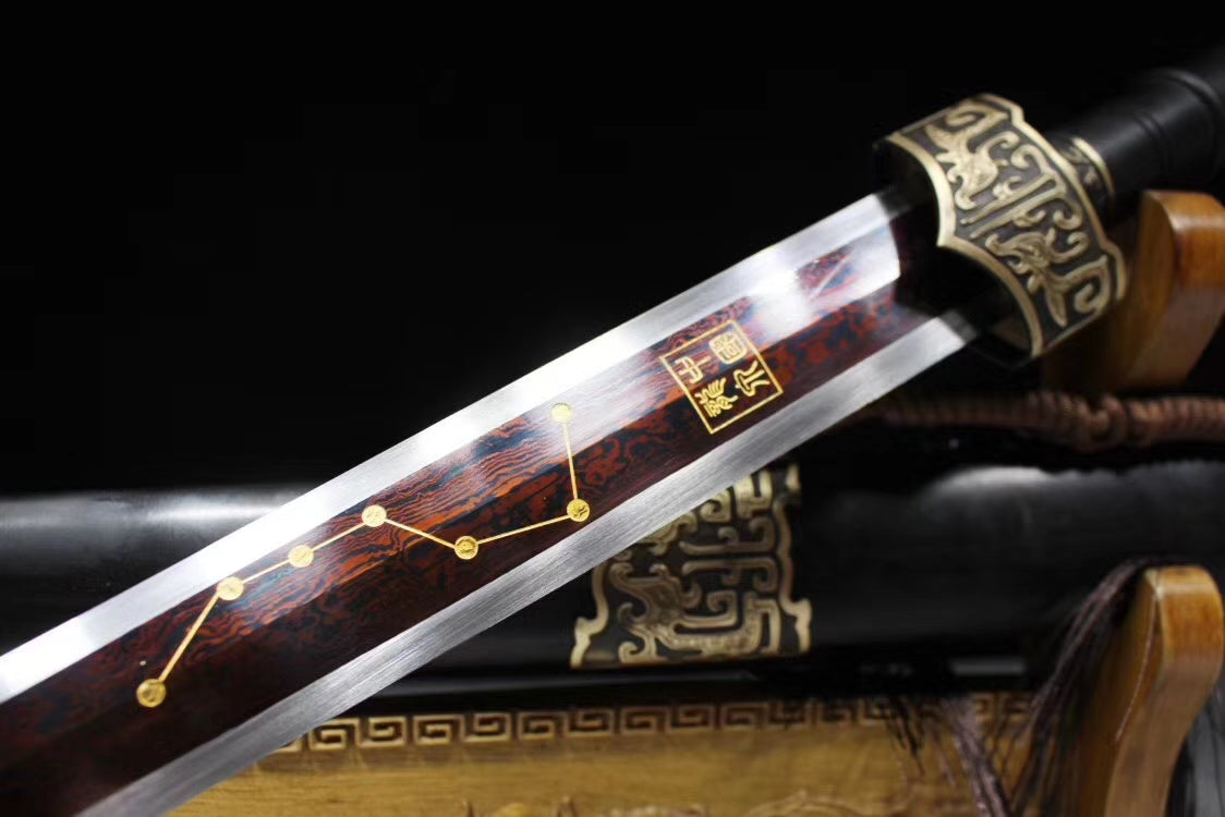 Yuewang sword,Damascus steel octahedral blade,Black wood,Brass fittings