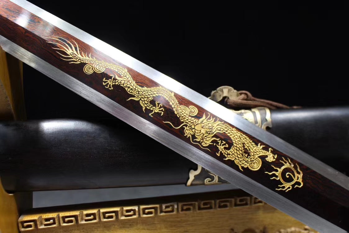 Yuewang sword,Damascus steel octahedral blade,Black wood,Brass fittings