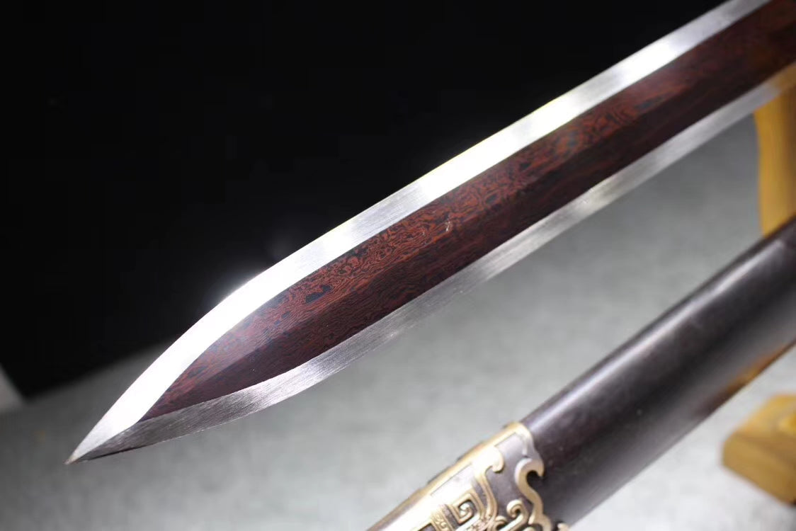 Yuewang sword,Damascus steel octahedral blade,Black wood,Brass fittings