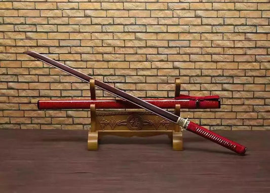 Katana,Ninja Sword,Folded steel red blade,Wood scabbard,Alloy fitting,Full tang,Length 39 inch