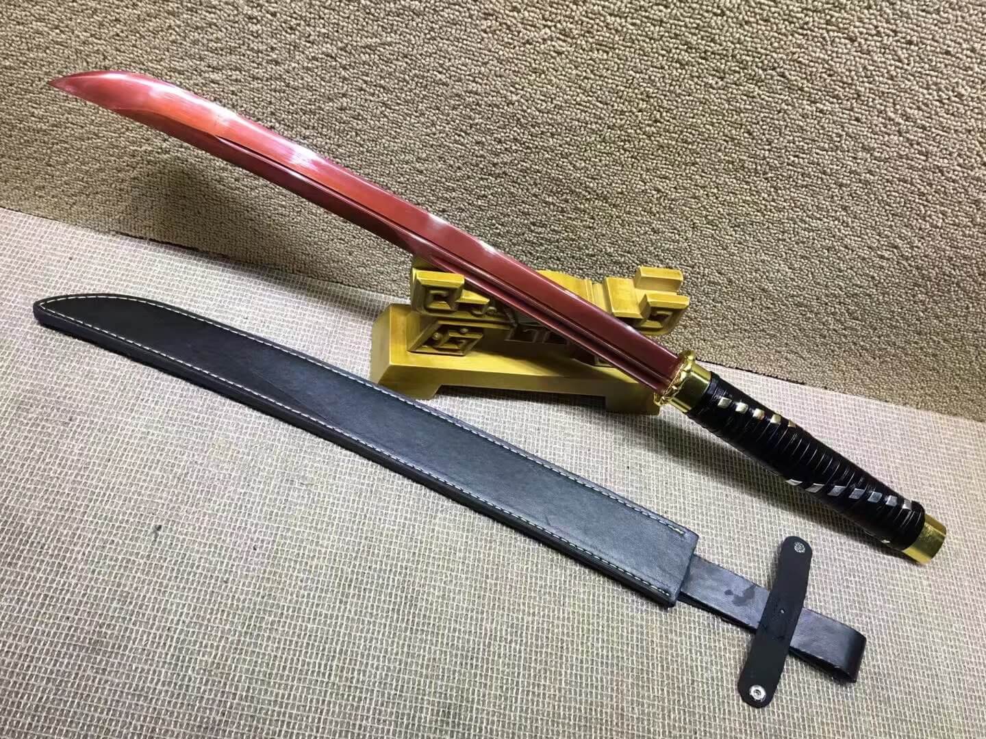 Cut horse broadsword,High carbon steel red blade,Leather scabbard