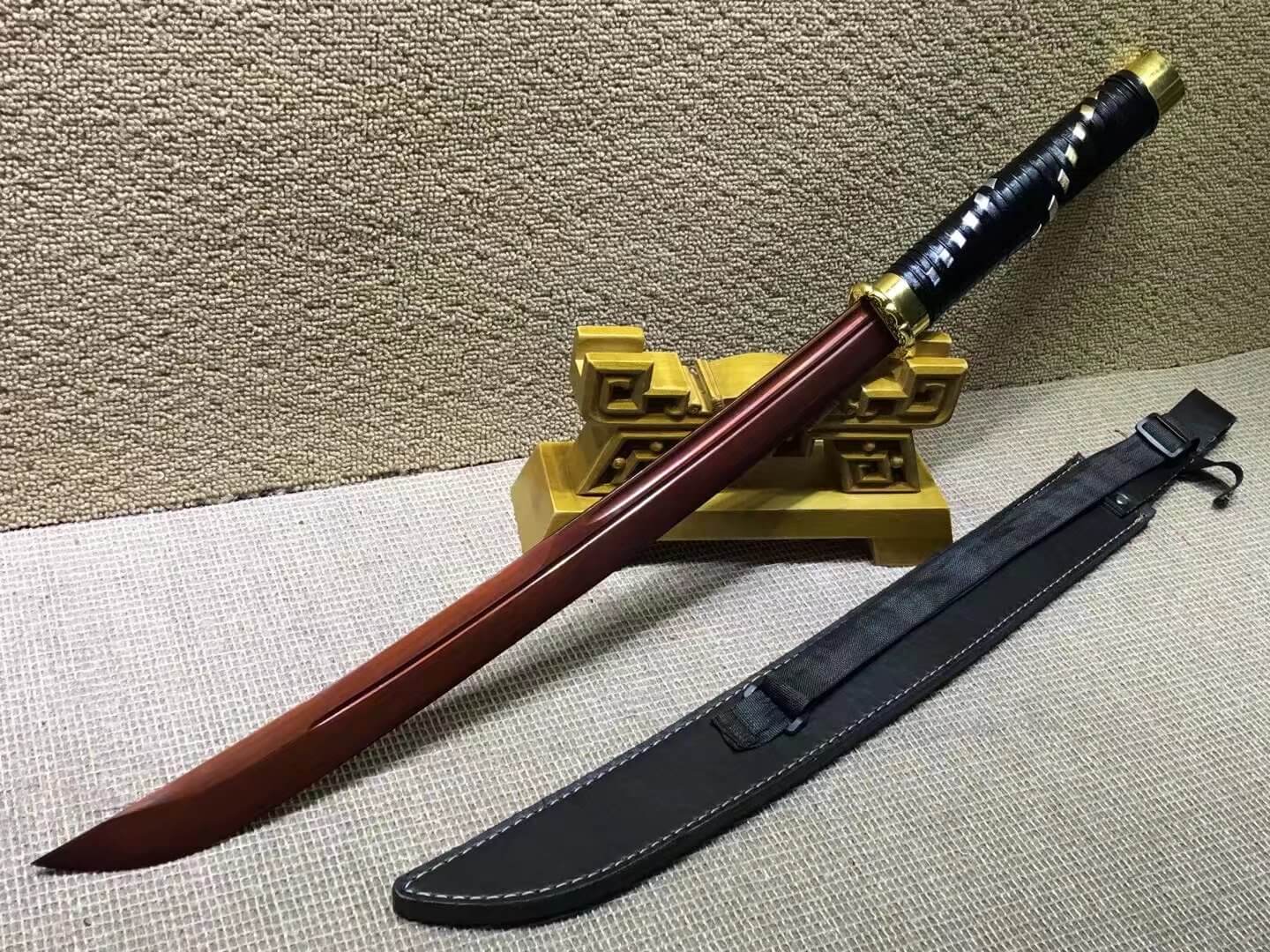 Cut horse broadsword,High carbon steel red blade,Leather scabbard